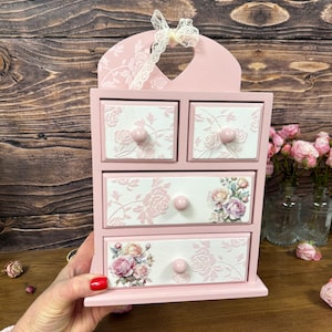 shabby chic pink rose jewelry cabinet handmade wooden dresser vintage style storage for cosmetics trinkets craft supplies
