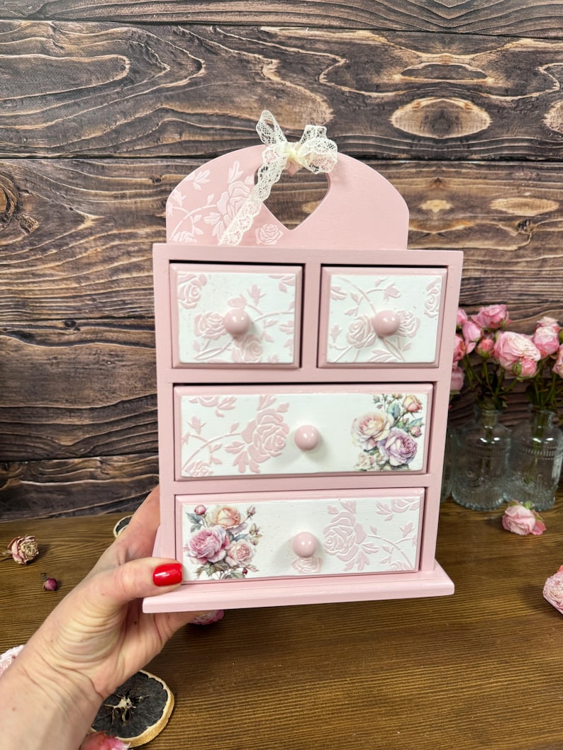 shabby chic pink rose jewelry cabinet handmade wooden dresser vintage style storage for cosmetics trinkets craft supplies