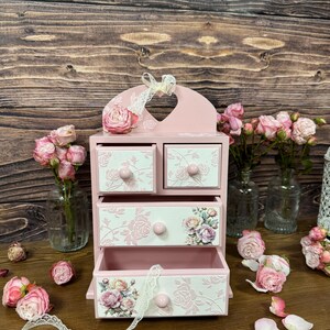 shabby chic pink rose jewelry cabinet handmade wooden dresser vintage style storage for cosmetics trinkets craft supplies