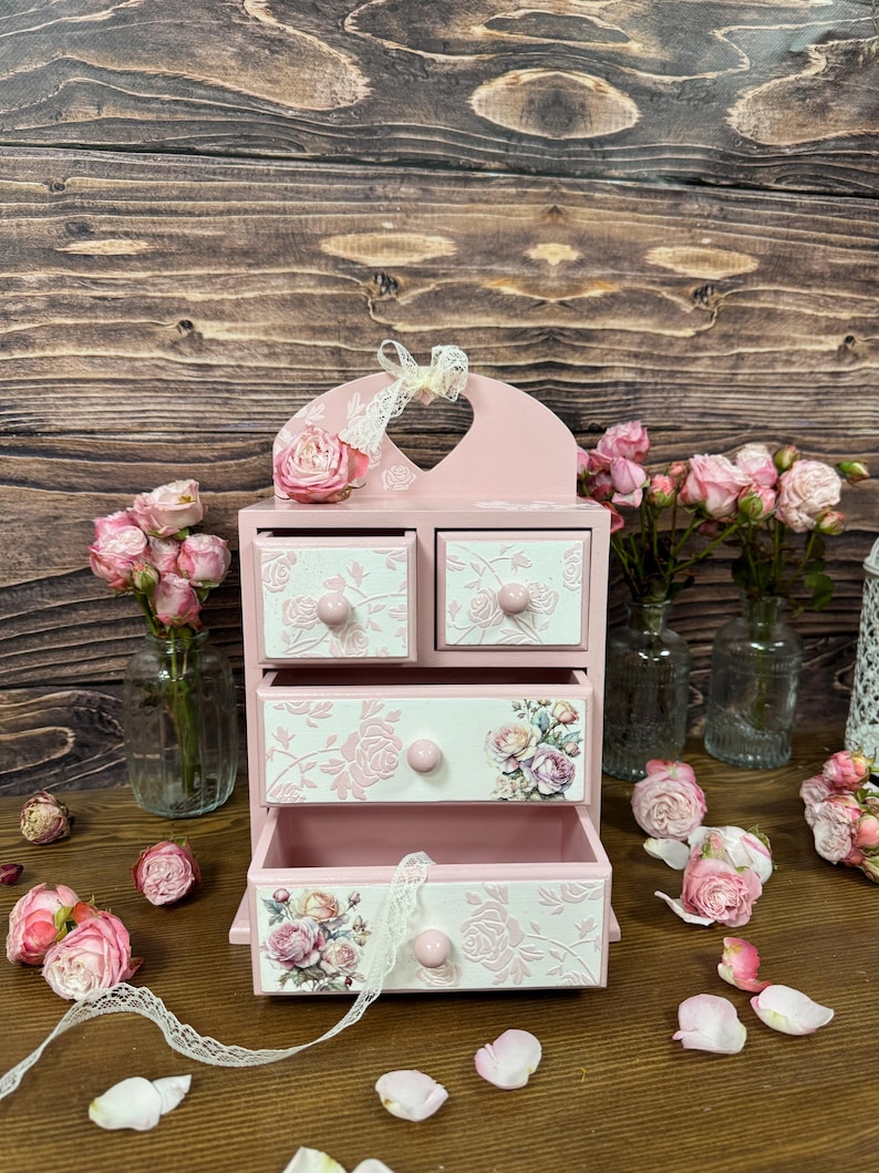 shabby chic pink rose jewelry cabinet handmade wooden dresser vintage style storage for cosmetics trinkets craft supplies