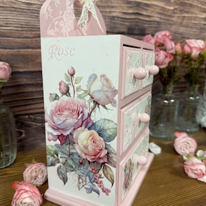 shabby chic pink rose jewelry cabinet handmade wooden dresser vintage style storage for cosmetics trinkets craft supplies