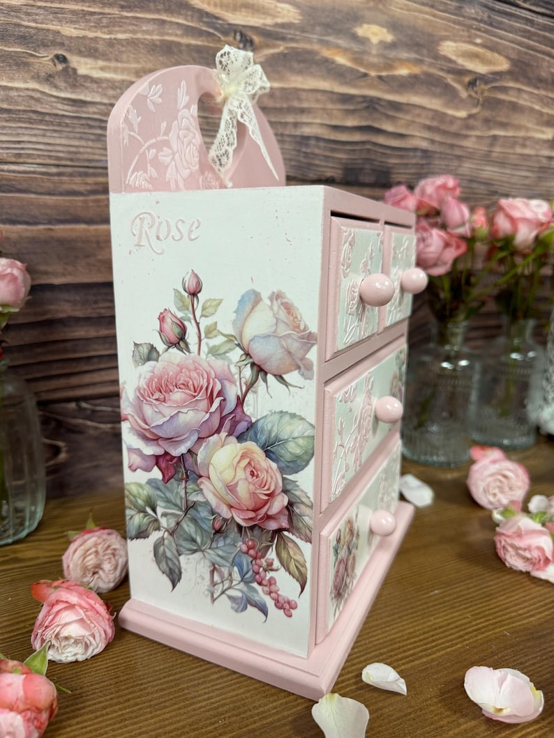 shabby chic pink rose jewelry cabinet handmade wooden dresser vintage style storage for cosmetics trinkets craft supplies