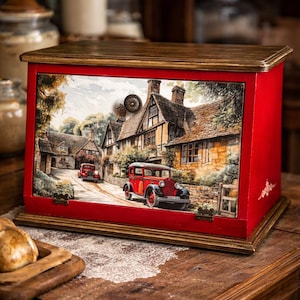Puede incluir: Una panera de madera roja con tapa con bisagras y una pintura decorativa de un coche antiguo en una calle adoquinada. La caja tiene un pomo de latón y un ribete dorado.