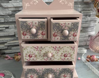 Mini Rose Dresser Organizer, Handcrafted Pink Wooden Chest for Jewelry, Crafts, Stationery & Makeup – Romantic Gift and Desk Storage Box