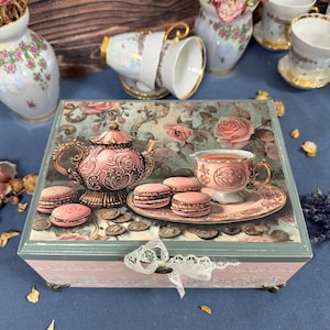 Große hölzerne Teebeutel-Aufbewahrungsbox mit Fächern, handbemalte Birken-Organizer, rustikale Küche Teekiste Geschenk für Mama, Geschenk für Teeliebhaber