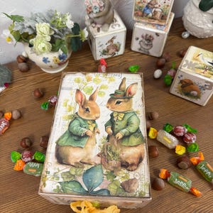 Rustic Organizer for Candy, Jewelry, Hairpins, Pencils and Keepsakes, Unique Handmade Gift, Hand-Painted Bunny Design Wooden Box Organizer