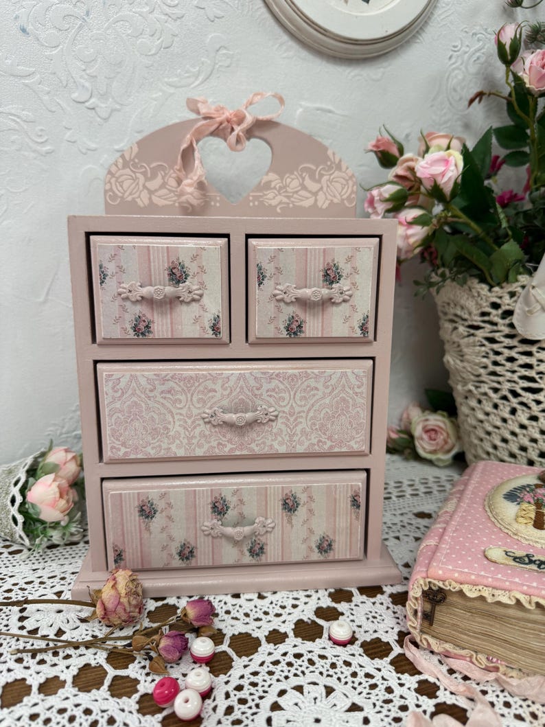 Shabby Chic Pink Desk Organizer With Roses. Hand-painted Wooden Mini ...