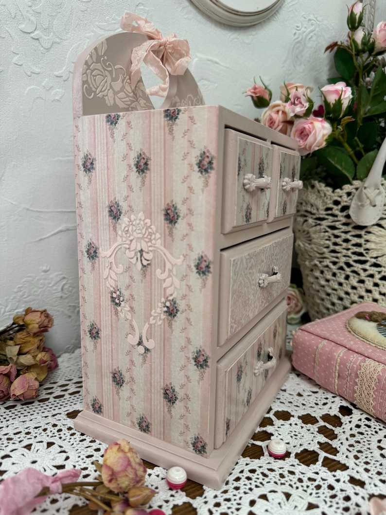 Shabby Chic Pink Desk Organizer With Roses. Hand-painted Wooden Mini ...