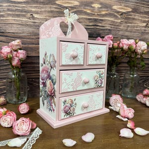 shabby chic pink rose jewelry cabinet handmade wooden dresser vintage style storage for cosmetics trinkets craft supplies