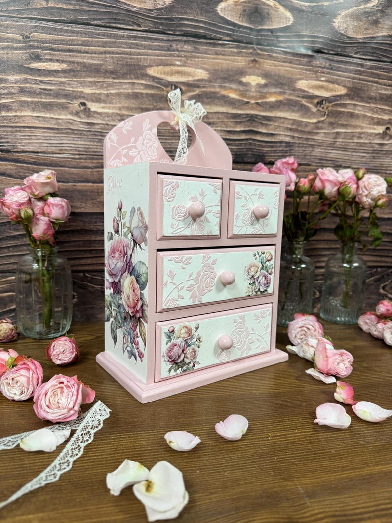 shabby chic pink rose jewelry cabinet handmade wooden dresser vintage style storage for cosmetics trinkets craft supplies