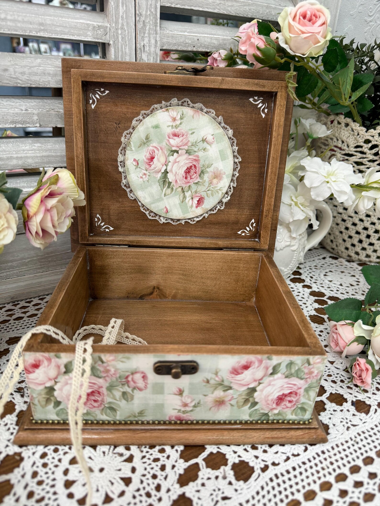 Vintage Floral Jewelry Box With Rose Wreath, Hand-painted Wooden ...