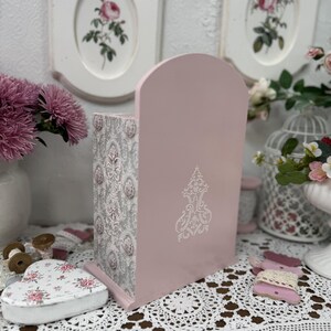 Handcrafted wooden dresser-style jewelry and craft organizer with pink and gray tones, decorated with hand-painted roses, featuring a textured surface and acrylic lacquer finish — perfect as a gift for mom, sister, or daughter.
