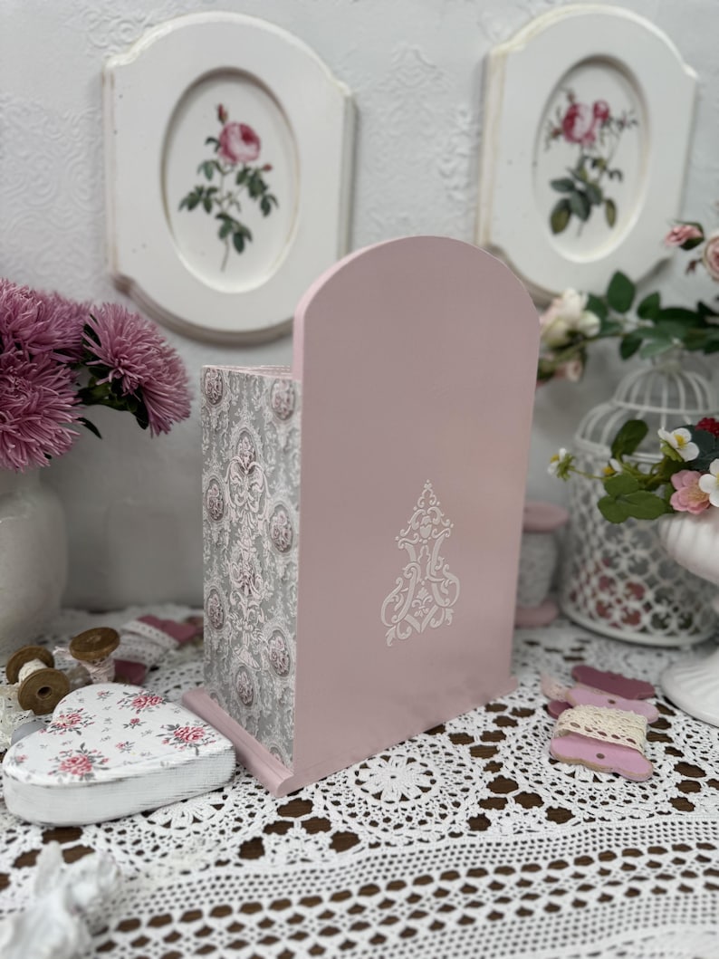 Handcrafted wooden dresser-style jewelry and craft organizer with pink and gray tones, decorated with hand-painted roses, featuring a textured surface and acrylic lacquer finish — perfect as a gift for mom, sister, or daughter.