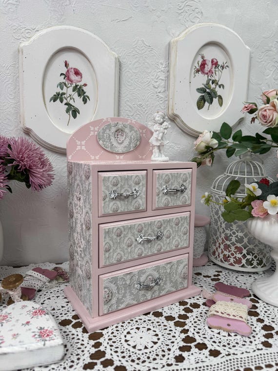 Wooden Dresser Jewelry Organizer, Hand-Painted Chest with Pink Roses, Gray & Pink Shabby Chic Box, Gift for Mom, Sister or Daughter