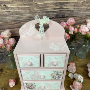 shabby chic pink rose jewelry cabinet handmade wooden dresser vintage style storage for cosmetics trinkets craft supplies