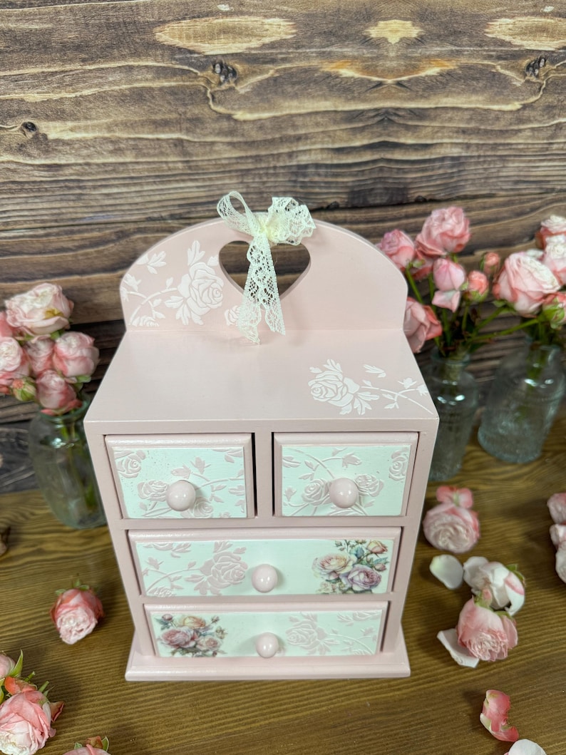 shabby chic pink rose jewelry cabinet handmade wooden dresser vintage style storage for cosmetics trinkets craft supplies