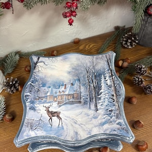 Hand-Painted Winter Design Box for Kids, Wood Holiday Gift Tabletop Organizer, Magical Winter Forest with Deer Decorative Box Keepsake Chest