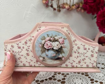 Pink Roses Makeup Holder Tabletop Organizer, Shabby Chic Cosmetic Organizer, Vintage Wooden Desk Storage, Decorative Box Gift for Her