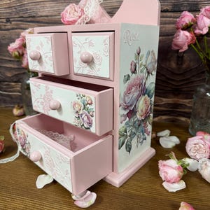 shabby chic pink rose jewelry cabinet handmade wooden dresser vintage style storage for cosmetics trinkets craft supplies