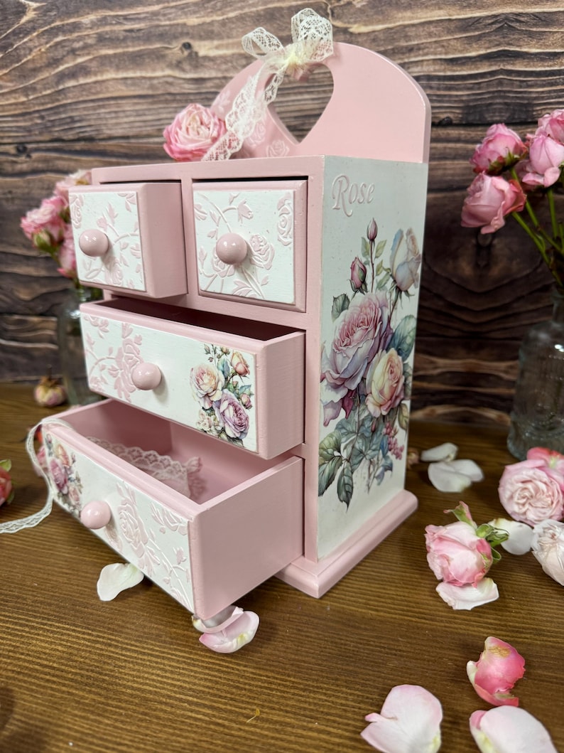 shabby chic pink rose jewelry cabinet handmade wooden dresser vintage style storage for cosmetics trinkets craft supplies