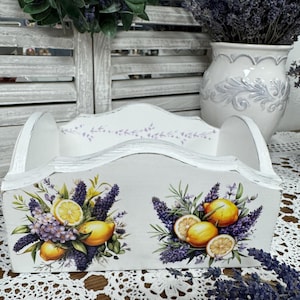 White Wooden Storage Basket, Hand-Painted Decorative Box for Bread, Fruit, Sweets & Pastries, Rustic Kitchen Organizer With Lemons Design