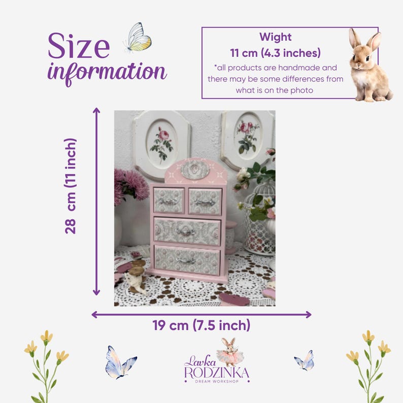 May include: A pink wooden jewelry box with five drawers and a decorative top. The box is 11 inches wide, 7.5 inches deep, and 11 inches tall. The drawers have a floral pattern. The text "Size information" is visible.
