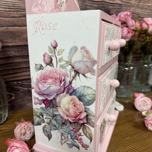 shabby chic pink rose jewelry cabinet handmade wooden dresser vintage style storage for cosmetics trinkets craft supplies