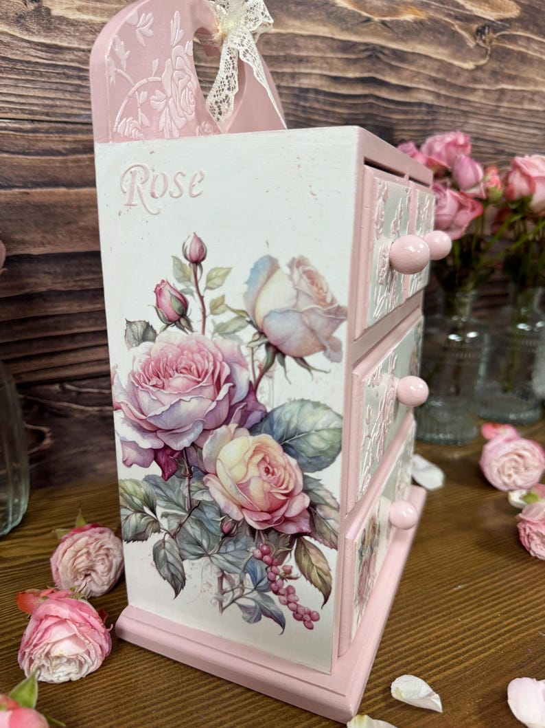 shabby chic pink rose jewelry cabinet handmade wooden dresser vintage style storage for cosmetics trinkets craft supplies