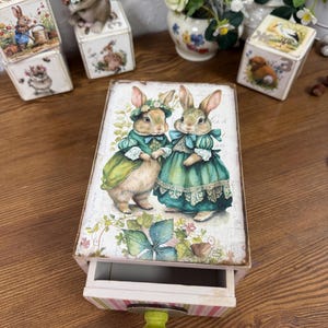 Hand-Painted Bunny Wooden Box, Rustic Candy Storage Box, Trinket and Jewelry Organizer, Handmade Tabletop Organizer Gift for Birthday