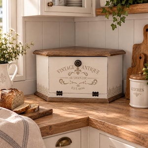 May include: A corner bread box with a white finish and a dark wood top. The front panel features the text VINTAGE ANTIQUE AUTHENTIC EST. 1896 in a decorative font, a fleur-de-lis emblem, and a small dark knob. It has two dark metal hinges.