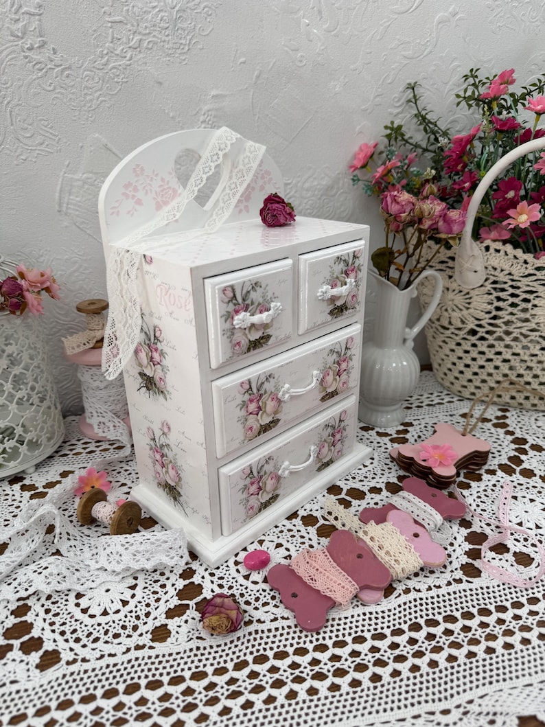 Shabby Chic Wooden Jewelry Dresser With Roses, Hand-painted White ...