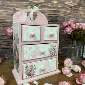 shabby chic pink rose jewelry cabinet handmade wooden dresser vintage style storage for cosmetics trinkets craft supplies