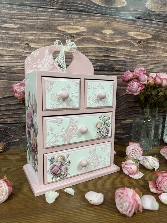 Shabby Chic Pink Rose Jewelry Cabinet, Handmade Wooden Dresser, Vintage Style Storage for Cosmetics, Trinkets, Craft Supplies Box Gift