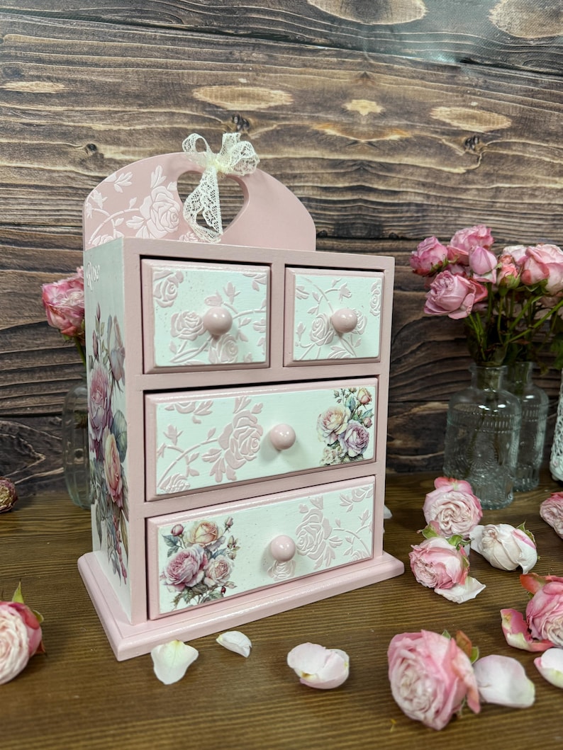 shabby chic pink rose jewelry cabinet handmade wooden dresser vintage style storage for cosmetics trinkets craft supplies