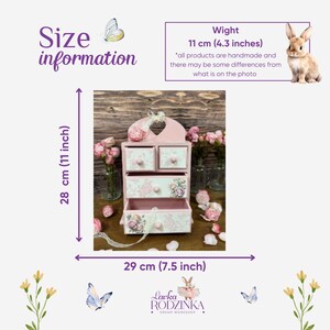 Shabby Chic Pink Rose Jewelry Cabinet, Handmade Wooden Dresser, Vintage Style Storage for Cosmetics, Trinkets, Craft Supplies Box Gift image 5