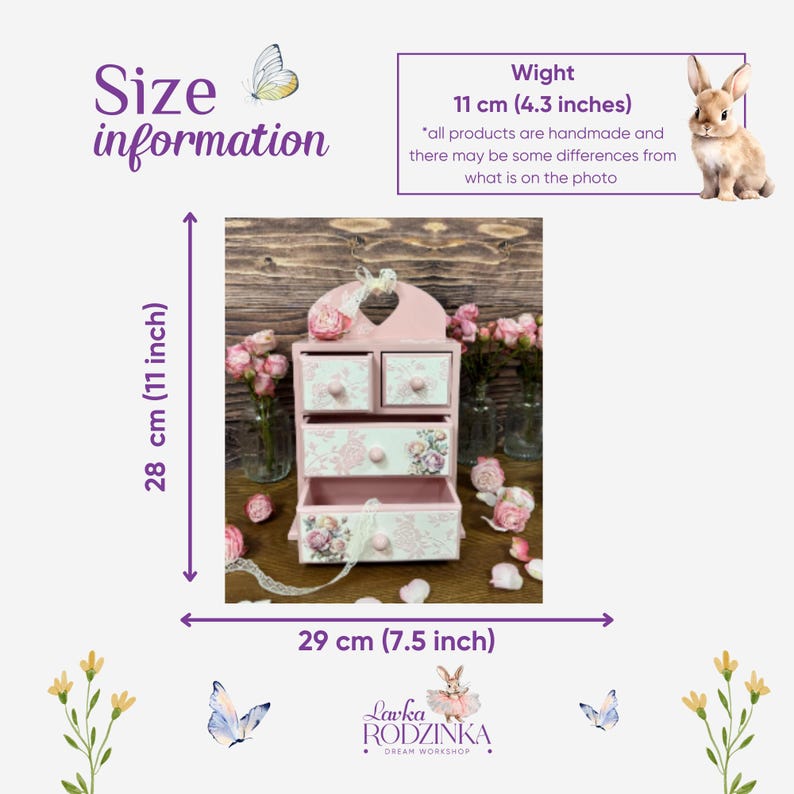 Shabby Chic Pink Rose Jewelry Cabinet, Handmade Wooden Dresser, Vintage Style Storage for Cosmetics, Trinkets, Craft Supplies Box Gift image 5