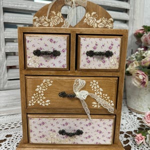 Vintage Floral Mini Drawer Chest on Table, Shabby Chic Jewelry Box Organizer, Hand-Painted Cabinet for Vanity, Handmade Storage Box