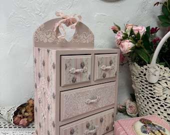 Shabby Chic Pink Desk Organizer with Roses. Hand-Painted Wooden Mini Dresser with Textured Floral Design. Cottagecore Organizer Box