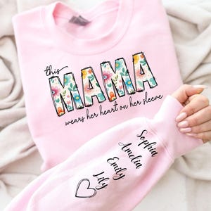 I Wear My Heart On My Sleeve Sweatshirt, Mothers Day Shirt, Mama Sweatshirt with Kids Name on Sleeve, Personalized Mother Day Gift for Mom