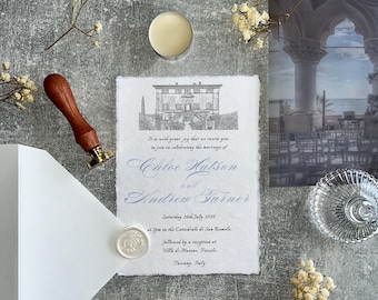 May include: Wedding invitation with a black and white illustration of a building. The invitation is printed on textured paper and includes the names Chloe Hatson and Andrew Gurner, the date Saturday 26th July 2015, and the location Cattedrale di San Romola, followed by a reception at Villa di Maiero, Fiesole, Tuscany, Italy.