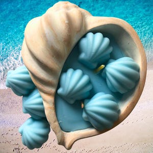 Könnte beinhalten: Ein Kerzenhalter in Muschelform mit fünf blauen Muschelkerzen im Inneren. Der Halter ist aus hellem braunen Material gefertigt und hat eine strukturierte Oberfläche.
