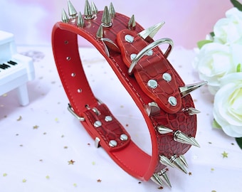 Goth Punk Choker Collar with Cone Spikes and Hoops,Leather Adjustable Necklace,Cosplay Choker,Black/Red PU Leather,Chokers Spikey