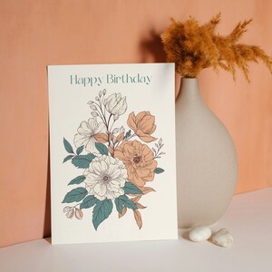 Tarjeta de feliz cumpleaños, tarjeta de felicitación con flores, tarjeta de deseos de cumpleaños con flores, tarjeta vintage de feliz cumpleaños
