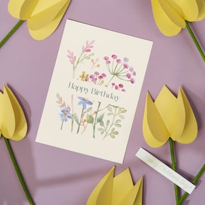 Tarjeta de felicitación con flores, tarjeta de feliz cumpleaños, deseos de cumpleaños, tarjeta de flores, cumpleaños