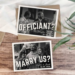 Kaartsjabloon Officiant voorstel, afdrukbare fotokaart Wil je met ons trouwen, retro minimalistische bruiloft, bewerkbare canvassjabloon