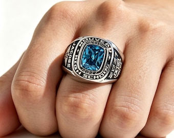 Personalized Men's Class Ring: Sterling Silver, Customized Graduation Keepsake, Square Birthstone