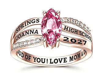 Personalized Marquise Birthstone Class Ring: Sterling Silver, Custom Engraved Graduation Keepsake for Her