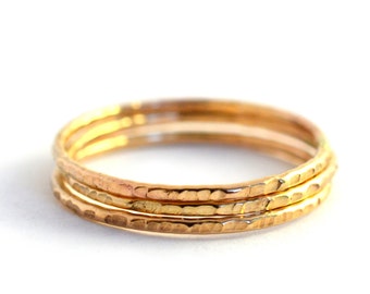 Skinny Stacking Rings Set of 3, "Tree Bark" Stackable Midi Ring, HSRBARK-G3