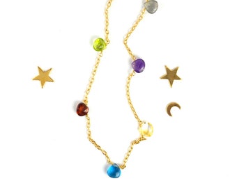 Rainbow Multi Gemstone Necklace, Birthstone Satellite Necklace, Layering Station Chain, Boho Style Jewelry