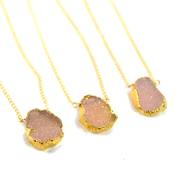 Pink Drusy Stone Necklace, Raw Gemstone Necklace, Druzy Layering Necklace